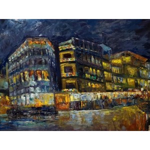 Farheen Kanwal, Rain Symphony and City, 24 x 27 Inches, Oil on Canvas, Cityscape Painting, AC-FRKW-001
